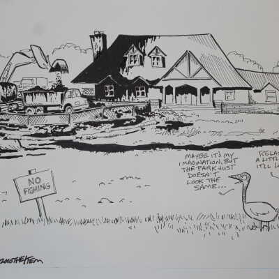 Harry Trumbore: Taylor Park landscaping work cartoon for the Item of Millburn-Short Hills, 2010