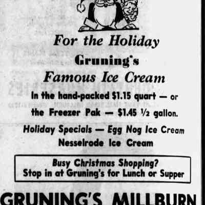Gruning's Millburn Advertisement, The Item, December 15, 1955