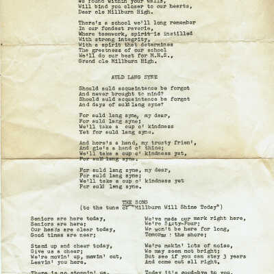 Millburn High School Song Sheet with Alma Mater, 1964