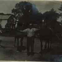 Marshall-Schmidt Album: Man Holding Two Horses in Yard