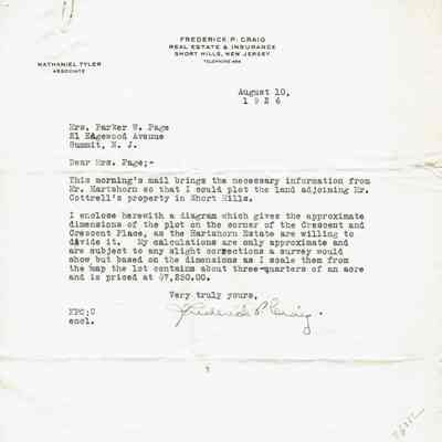 Hartshorn: Letter concerning plotting land on Crescent and Crescent Place, 1926
