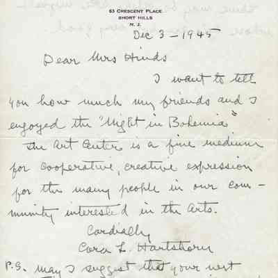 Hartshorn: Cora Hartshorn Night in Bohemia Letter to Mary Hinds, 1945