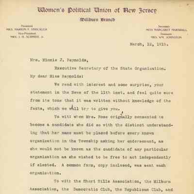 Millburn Women's Political Union: Margaret Marshall Letter to Minnie Reynolds, 1915