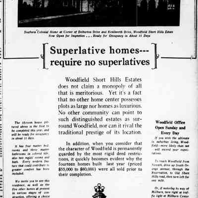Advertisement for house on Delbarton Drive within Woodfield, Short Hills Estates, Newark Evening News, April 6, 1929