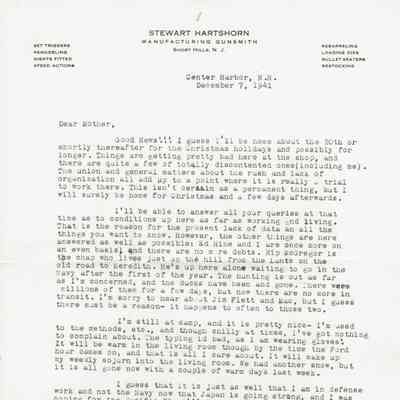 Hartshorn: Stewart Henry Hartshorn, Jr. Letter about War Defense Work, 1941