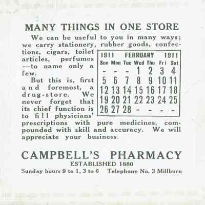 Campbell: Campbell's Pharmacy Calendar, 1911