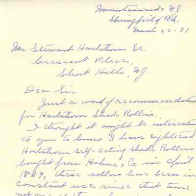 Hartshorn: Customer Letter Praising Shade Rollers, 1937