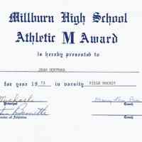 Millburn High School: Varsity Letter Award Field Hockey, 1973