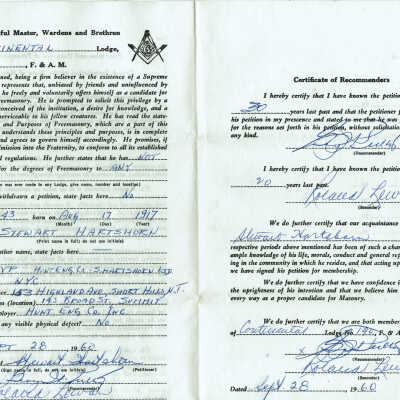 Hartshorn: Stewart Hartshorn Application to Freemason Lodge, 1960