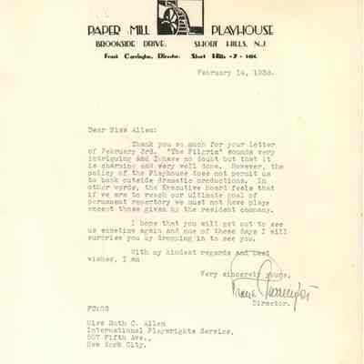 Paper Mill Playhouse: Frank Carrington Letter to Ruth Allen, 1938