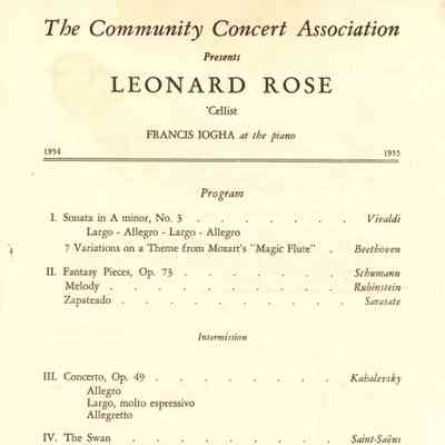 Community Concert Association: Leonard Rose Program and Articles, 1954