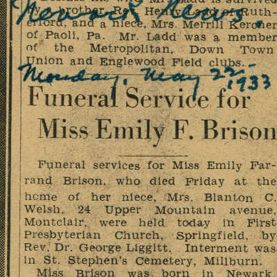 Brison: Emily Brison Obituary, Newark News, 1933