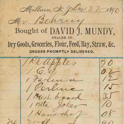 Mundy: Receipt from David J. Mundy's Store, Dated December 1890