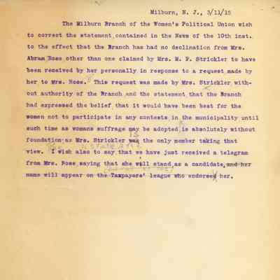 Millburn Women's Political Union: Request for Correction to News Article, 1915