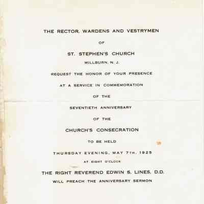 Wehrle Scrapbook: St. Stephen's 70th Anniversary Invitation, 1925