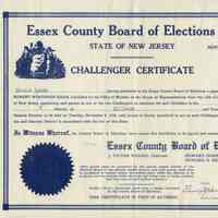 Lyons: Harold Lyons Essex Board of Elections Challenger Certificate, 1938