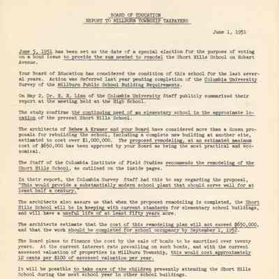 Board of Education: Report to Millburn Taxpayers, 1951