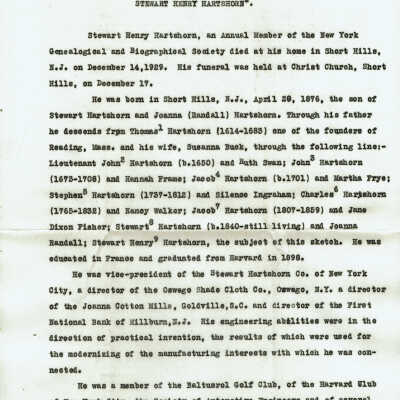 Stewart Henry Hartshorn Jr. Obituary for the NY Genealogical and Biographical Society, 1929