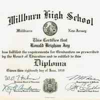 Millburn High School: Diploma for Ronald Joy, 1959.