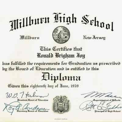 Millburn High School: Diploma for Ronald Joy, 1959.