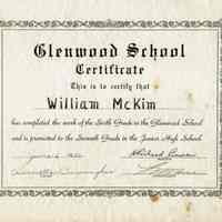 Glenwood School Diploma for William McKim, 1952