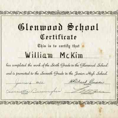 Glenwood School Diploma for William McKim, 1952