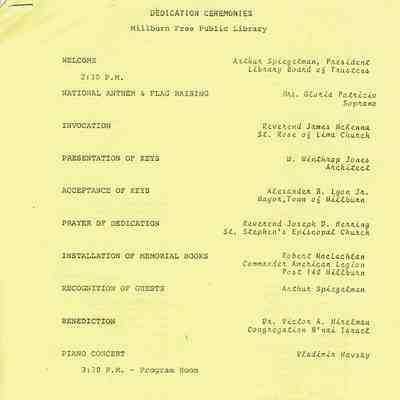 Millburn Library Dedication Ceremony Program and Documents, 1977