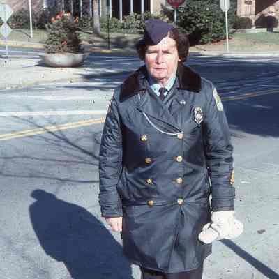 Police Officer Jinny Tompkins at the western intersection of Essex and Millburn Avenue taken January 1976