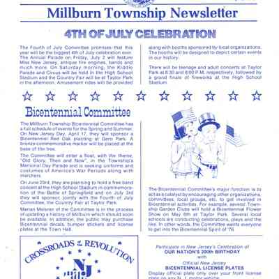 Millburn Township: Millburn Township Newsletters, 1974-1976, 1985.