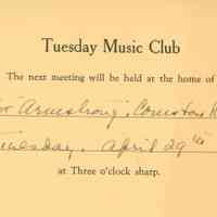 Music Club: Tuesday Music Club Invitation, 1941