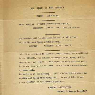 Wyoming Civic Association: Meeting Announcement to discuss Prison Conditions, 1917