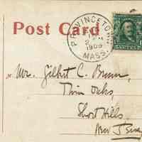 Brown: Postcard addressed to Mr. Gilbert C. Brown, Twin Oakes, 1908