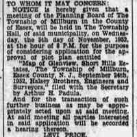          Notice of Planning Board Hearing, Item, October 16, 1952.
   
