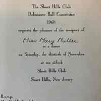 Short Hills Club: Debutante Ball Invitation to Mary Muller, 1968