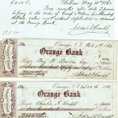 Condit: Israel Condit Promissory Note and Checks, 1862