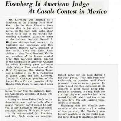 Millburn Art Center 1959 Scrapbook: Eisenberg American Judge at Casals Contest, 1959