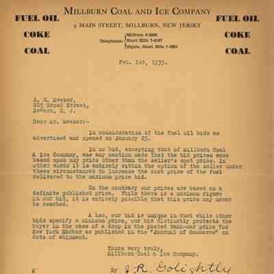 Millburn Coal & Ice: Joshua Golightly Letter, 1939