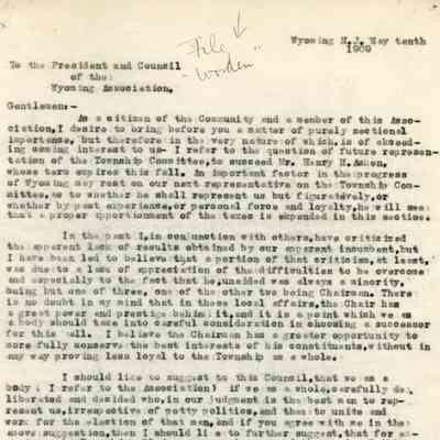 Wyoming Civic Association: Edward Worden Endorsement of Henry Acken, 1909