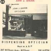 Ahern Optician: John J. Ahern Optician, 267 Millburn Avenue, 1955