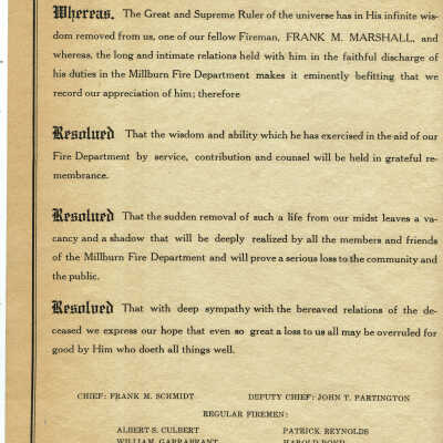 Marshall: Frank M. Marshall Memorial Document from Millburn Fire Department