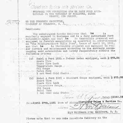 Proposal for purchase of 1931 Ford Model A Sedan and Coupe