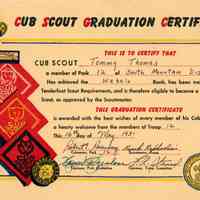 Boy Scouts: Tommy Thomas Cub Scout Graduation Certificate, 1951