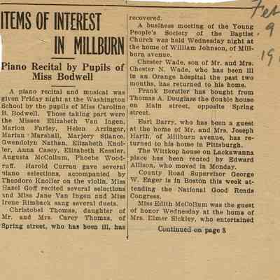 Wyoming Civic Association: Millburn Notes: Bodwell, Rimback, Baptist Church, 1917