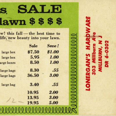 Lonergan's Hardware Store Lawn Care Advertisement, 1958