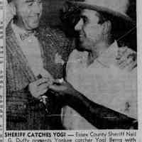          Photograph of Essex County Sheriff Neil G. Duffy inviting Yogi Berra to the Essex County Police Benevolent Picnic at Doerr's Grove on September 18, 1960; The Star Ledger, September 18, 1960
   