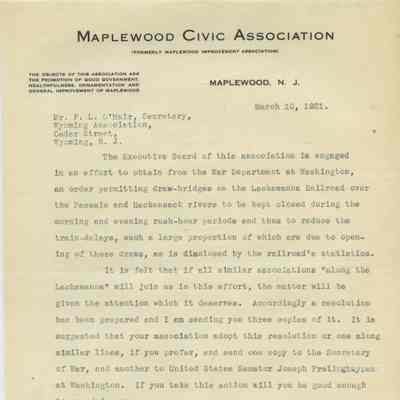 Wyoming Civic Association: Letter from Secretary of Maplewood Civic Association Regarding Drawbridges on the Lackawanna Railroad, 1921