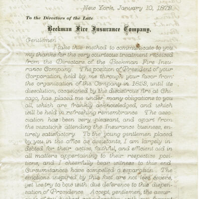 Brison: Benjamin Whitney Benson Resignation from Beekman Fire Insurance Company, 1872