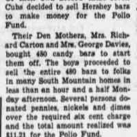          Item, January 18, 1951; Scouts in Den 1, Pack 12 included Richie Carton, Bill Damitz, Tom Davies, Steve Lasser, Bobby Magher, Jay Stevens and Tommy Thomas. Harvel Mason was the Den Chief.
   