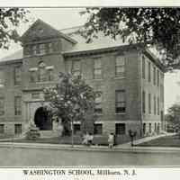 Washington School: Washington School with small group of children on sidewalk