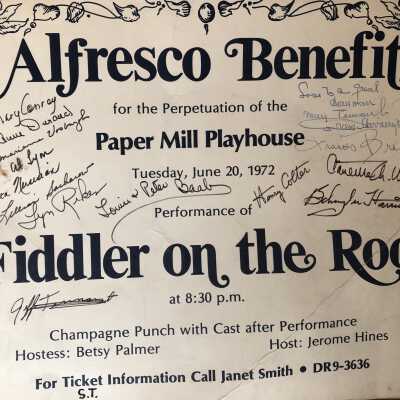 Paper Mill Playhouse: Autographed Poster for 1972 Paper Mill Playhouse Benefit Performance of Fiddler on the Roof